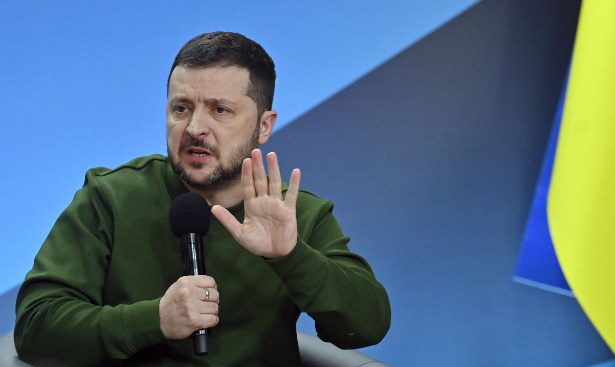 Ukrainian President Volodymyr Zelensky addresses Ukrainian students during a meeting in Kyiv on January 22, 2024. (AFP)