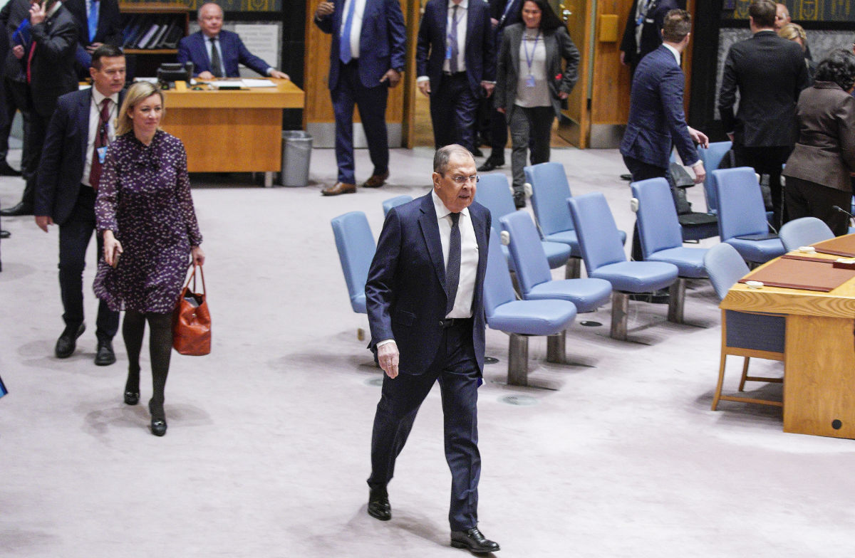 Russian Foreign Minister Sergei Lavrov, center, arrives to attend a security council meeting at the United Nations Headquarters in New York, Monday, Jan. 22, 2024. (AP)