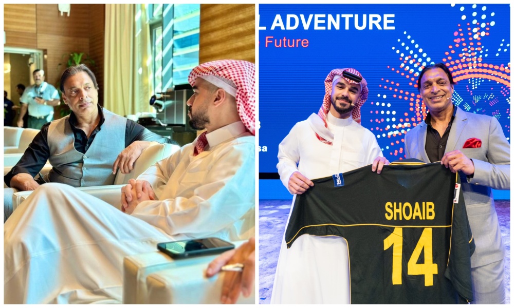During his recent visit to the Kingdom, Shoaib Akhtar met with Saudi Arabian Cricket Federation chairman Prince Saud bin Mishal and presented him with his 2003 Cricket World Cup jersey. (X/@shoaib100mph/@cricketsaudi)