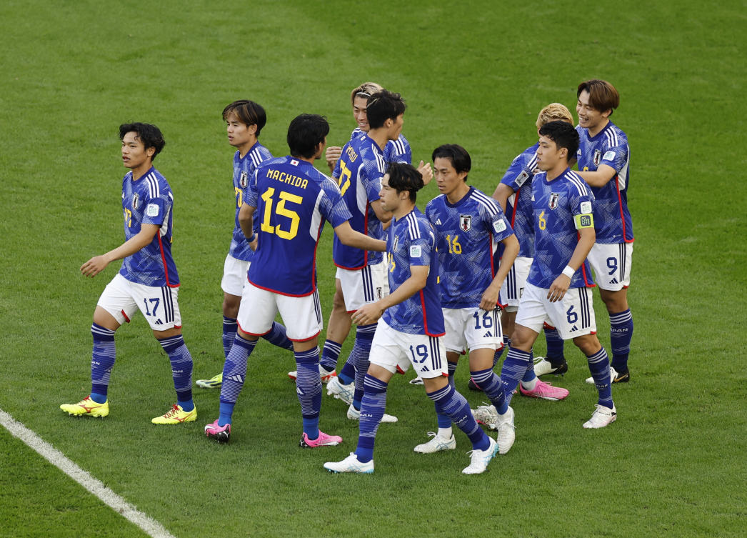 Japan’s Ayase Ueda celebrates scoring their first goal with teammates during their AFC Asian Cup — Group D match against Indonesia at Al Thumama Stadium, Doha, on Jan. 24, 2024. (Reuters)