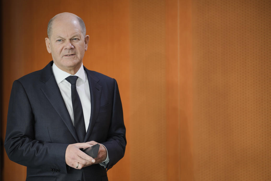 German Chancellor Olaf Scholz arrives for the cabinet meeting of the German government at the chancellery in Berlin on Jan. 24, 2024. (AP)