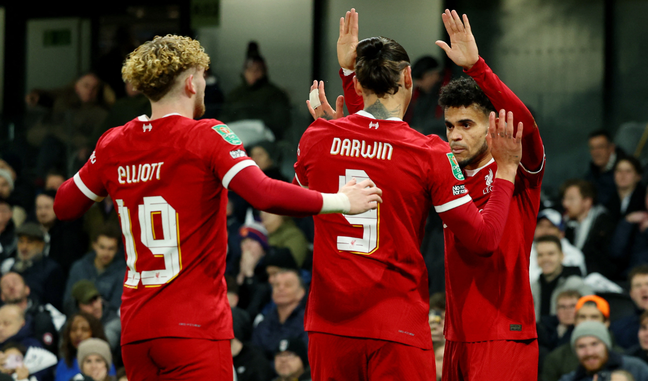 Liverpool’s Luis Diaz celebrates scoring their first goal with Darwin Nunez and Harvey Elliott. (Reuters)