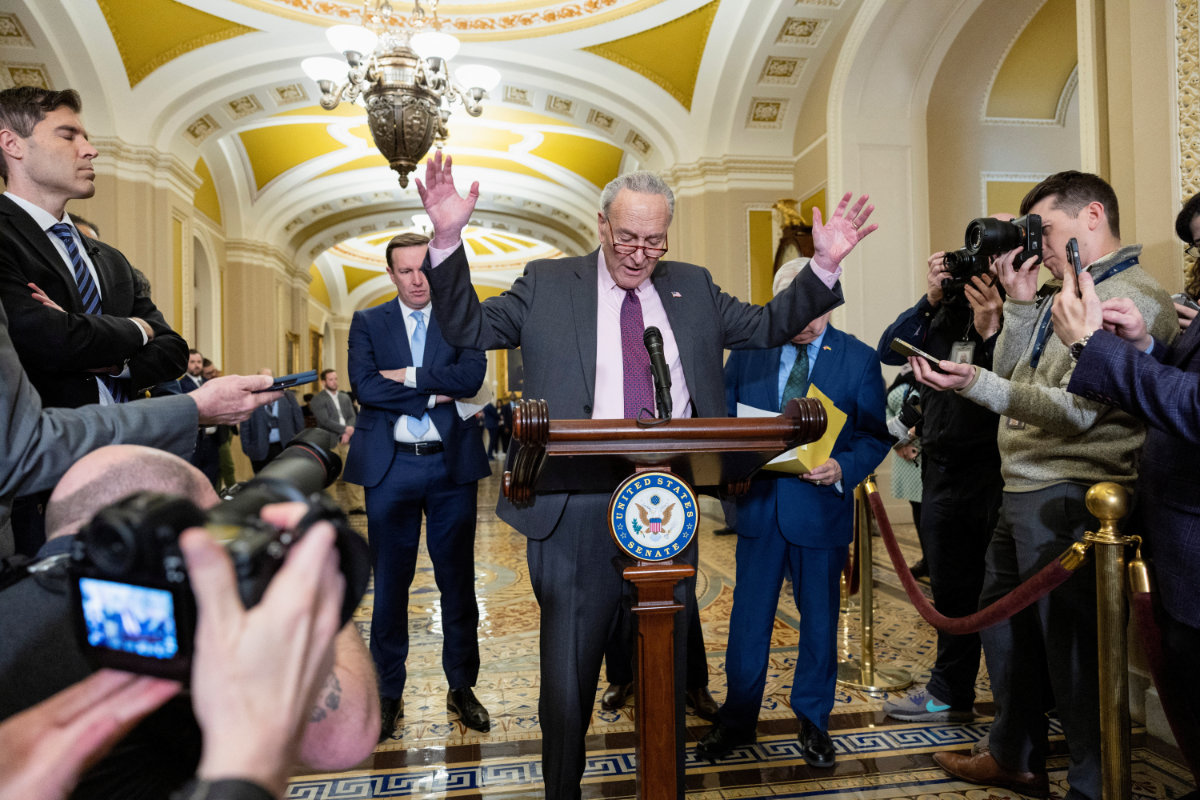 US Senate Majority Leader Chuck Schumer speaks during the weekly Democratic Caucus lunch press conference at the US Capitol building in Washington on January 23, 2024. (REUTERS)