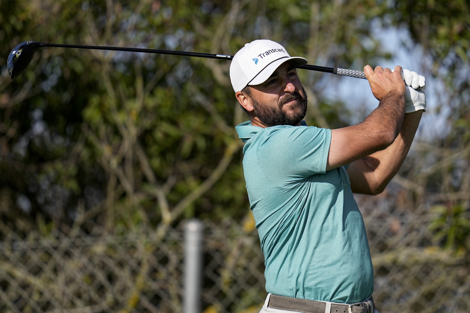Stephan Jaeger watches his tee shot on the seventh hole of the North Course at Torrey Pines during the second round of the Farmers Insurance Open golf tournament, Thursday in San Diego. (AP)