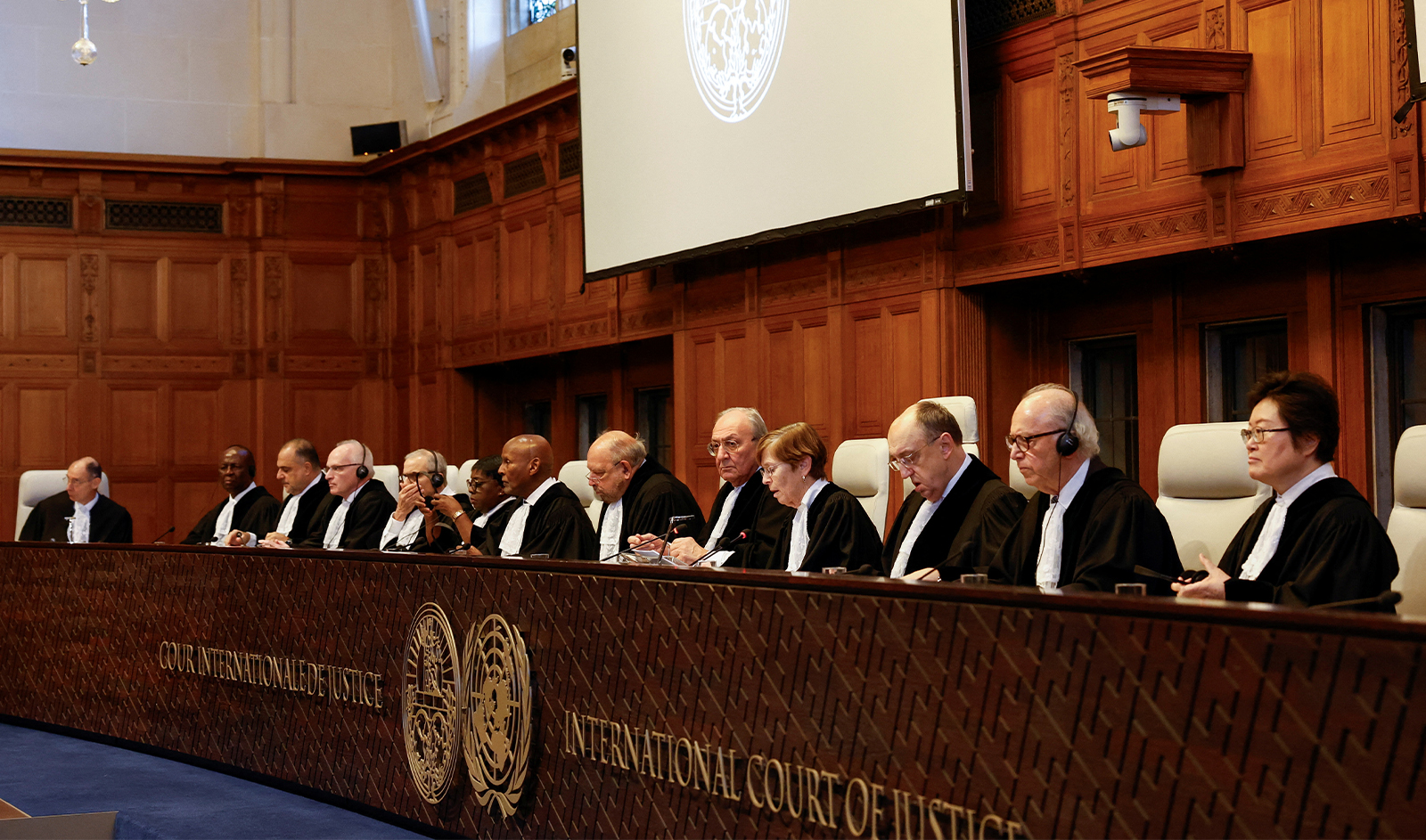 Judges at the International Court of Justice (ICJ) rule on emergency measures against Israel following accusations by South Africa that the Israeli military operation in Gaza is a state-led genocide, in The Hague, Netherlands, on January 26, 2024. (REUTERS)