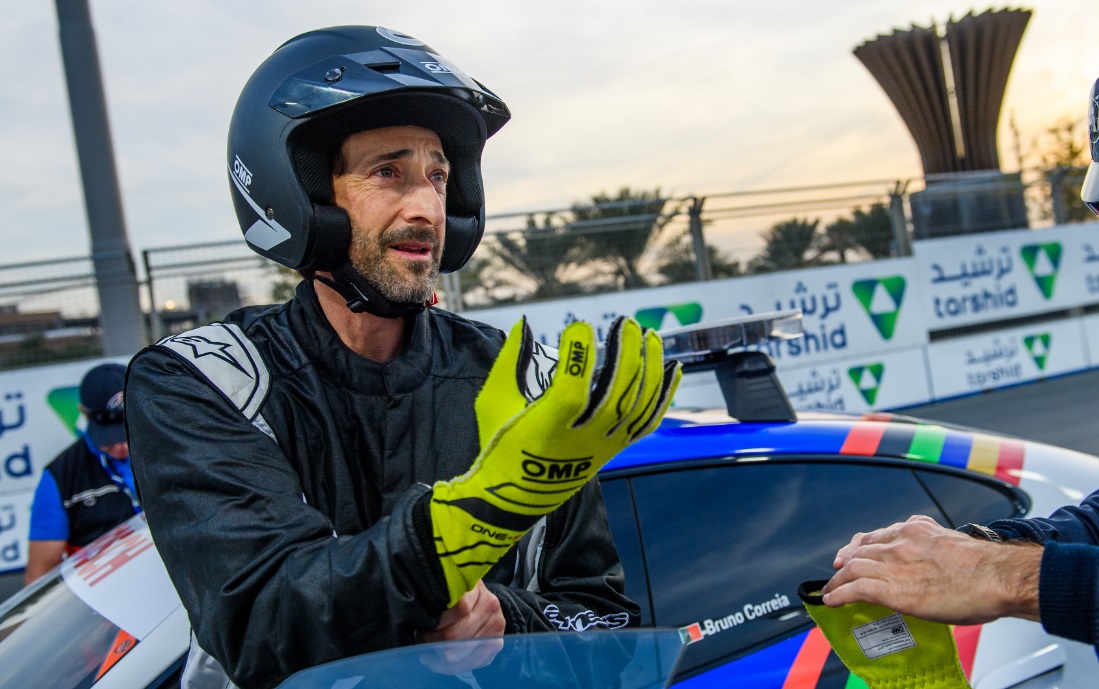 Oscar winner Adrien Brody on Thursday put in an award-winning performance as he drove an innovative Formula E electric race car to experience the Formula E GEN3 race car on the track in Saudi Arabia. (Supplied)