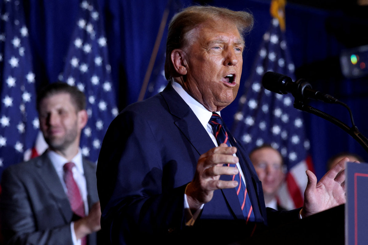 Republican presidential candidate and former US President Donald Trump speaks during his New Hampshire presidential primary election night watch party, in Nashua, New Hampshire, on January 23, 2024. (REUTERS)