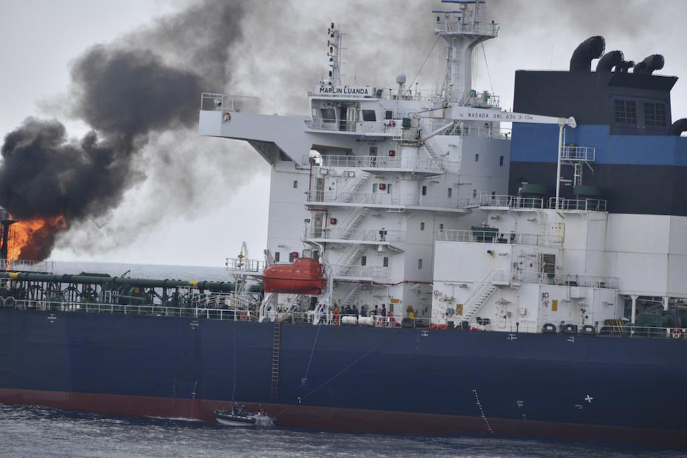 The attack on the Marlin Luanda, above, further complicated the Red Sea crisis caused by the Houthis’ attacks over Israel’s war on Hamas in the Gaza Strip. (Indian Navy via AP)