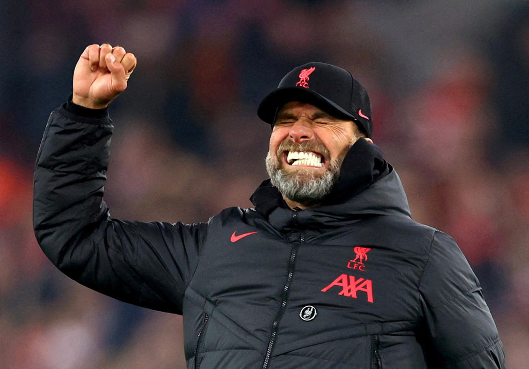 Liverpool manager Juergen Klopp celebrates after their Premier League match against Everton at Anfield, Liverpool, on Feb. 13, 2023. (Reuters/File)