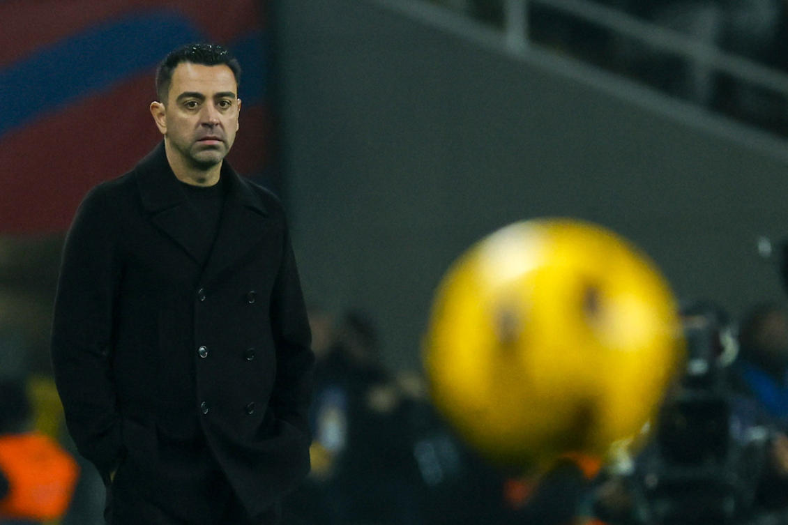 Barcelona’s head coach Xavi Hernandez reacts during their Spanish La Liga match against Villarreal at the Olimpic Lluis Companys stadium in Barcelona on Jan. 27, 2024. (AP)