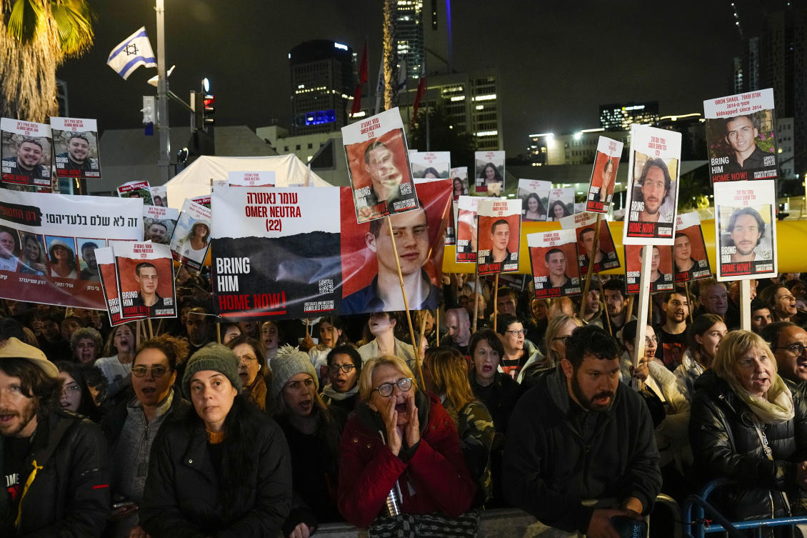 People attend a demonstration demanding the release of the hostages taken by Hamas militants into the Gaza Strip during the Oct. 7th attack, in Tel Aviv, Israel. (File/AP Photo)