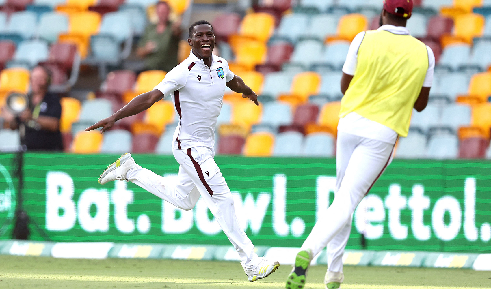Shamar Joseph of the West Indies dismisses Josh Hazlewood of Australia, sealing a win for the West Indies during day four of the second cricket Test match between Australia and West Indies at the Gabba in Brisbane on January 28, 2024. (AFP)