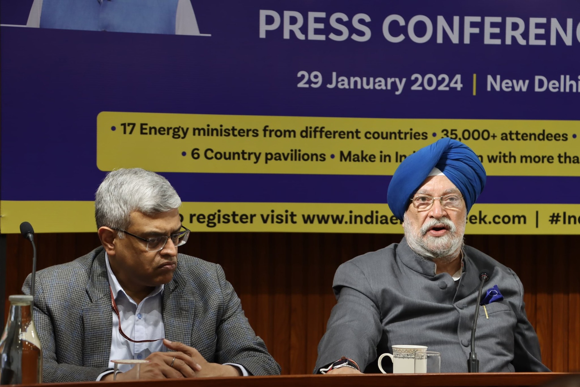 Indian Oil Minister Hardeep Singh Puri, right, speaks during a press conference in New Delhi on Jan. 29, 2024. (Ministry of Petroleum and Natural Gas)