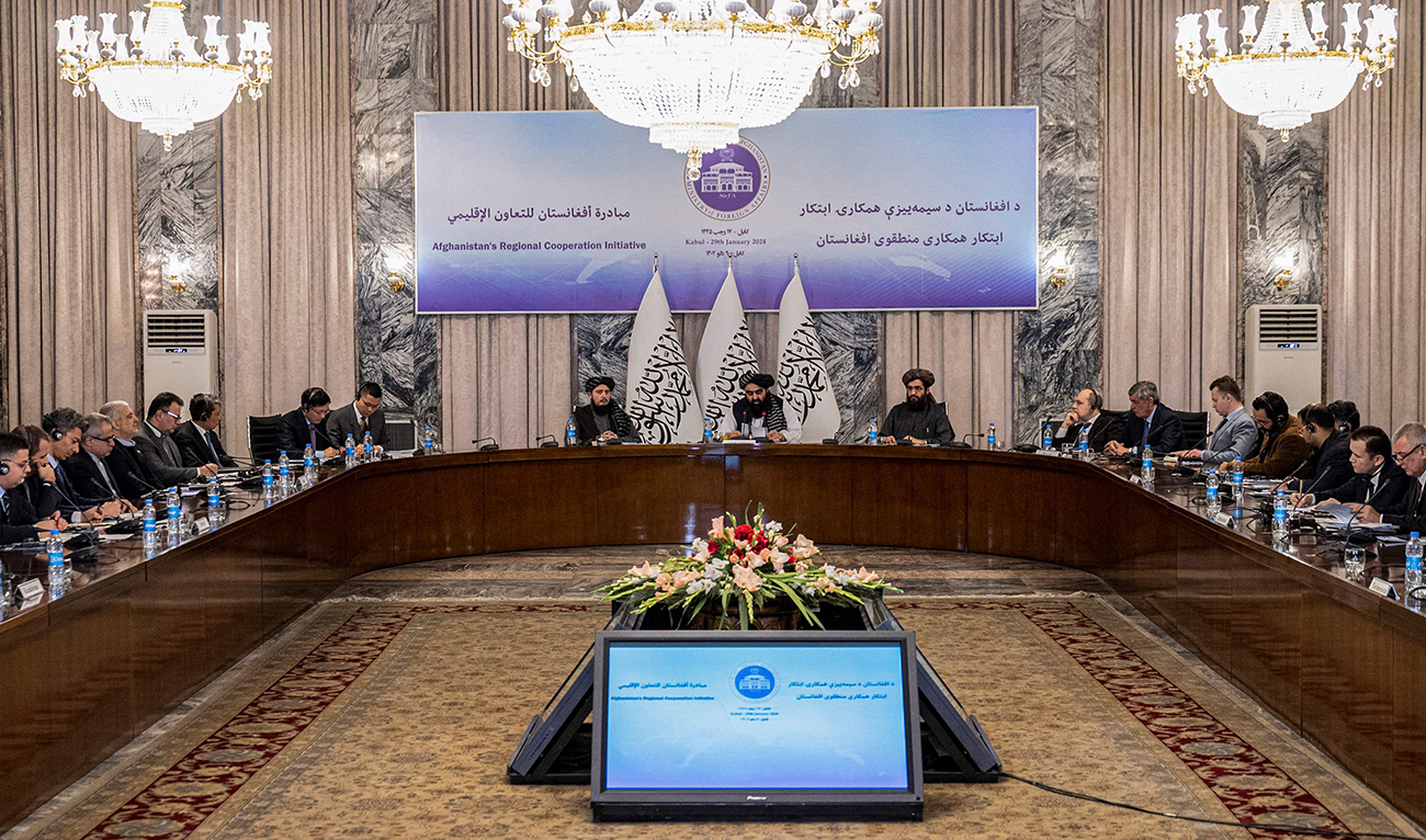 Afghanistan's Minister of Foreign Affairs, Amir Khan Muttaqi (C) speaks during a conference of special envoys from different countries titled 'Afghanistan's Regional Cooperation Initiative' at the Foreign Ministry in Kabul on January 29, 2024. (AFP)