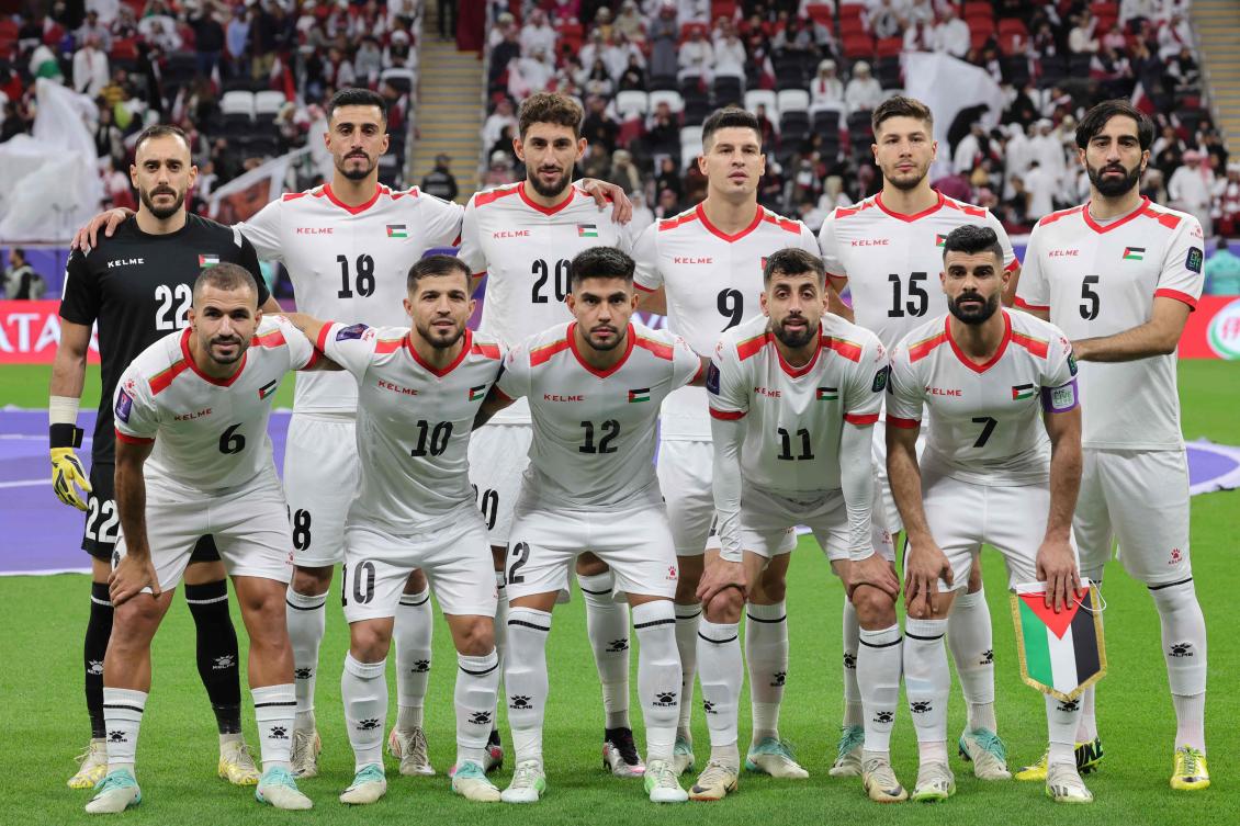 The Palestinian team that played Qatar at Al-Bayt Stadium in Al-Khor, north of Doha, Qatar, Jan. 29, 2024. (AFP)
