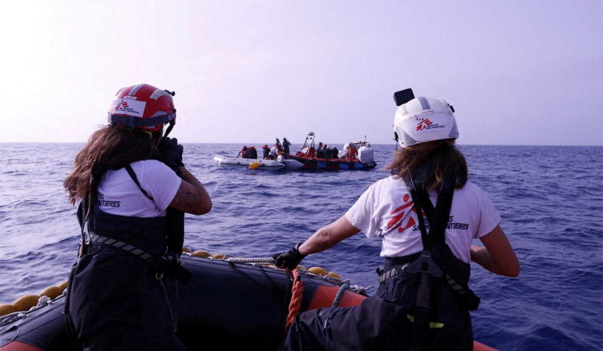 Handout image obtained by Reuters, October 12, 2023 shows a Medicins Sans Frontiers (MSF) rescue boat near a rubber boat carrying migrants from the Middle East and Africa, in the Mediterranean Sea, June 24, 2023. (REUTERS)