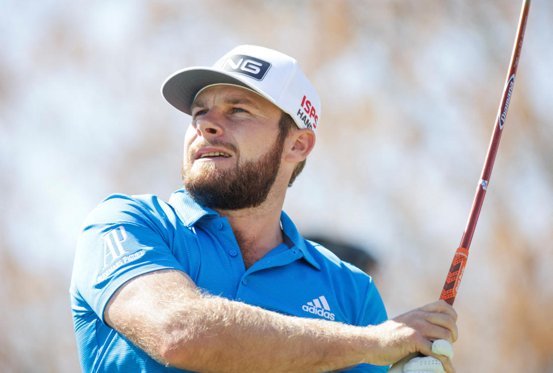 Tyrell Hatton tees off on the sixth during the third round of the World Golf Championships-Dell Technologies Match Play, Mar 25, 2022; Austin, Texas, USA. (Erich Schlegel-USA TODAY Sports)