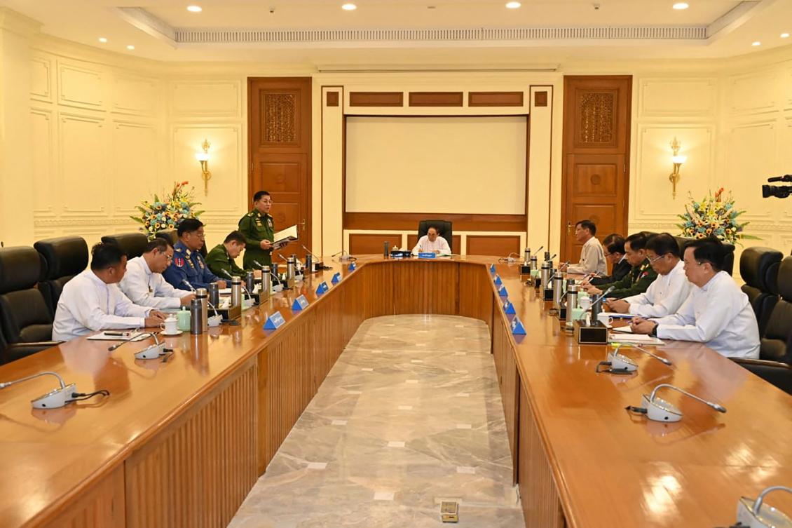 Myanmar’s military chief Min Aung Hlaing, above, during a defense and security council meeting in Naypyidaw. (Myanmar Military Information Team/AFP)