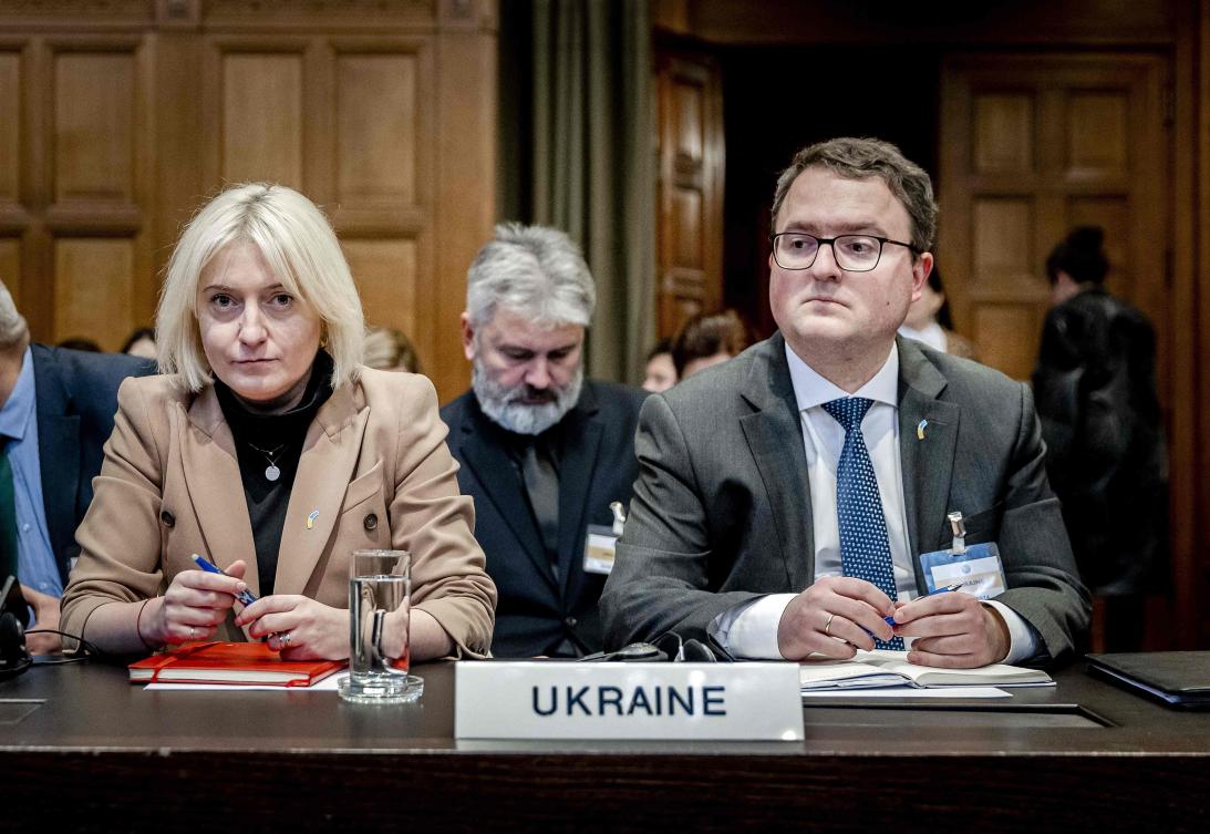 Director General of International Law at the Ukrainian Ministry of Foreign Affairs, Oksana Zolotaryova, and Ambassador-at-Large Anton Korynevych, attend a hearing at the ICJ prior to the ruling in a lawsuit brought by Ukraine against Russia in 2017, for the downing of flight MH17, in The Hague, on Jan. 31, 2024. (AFP)