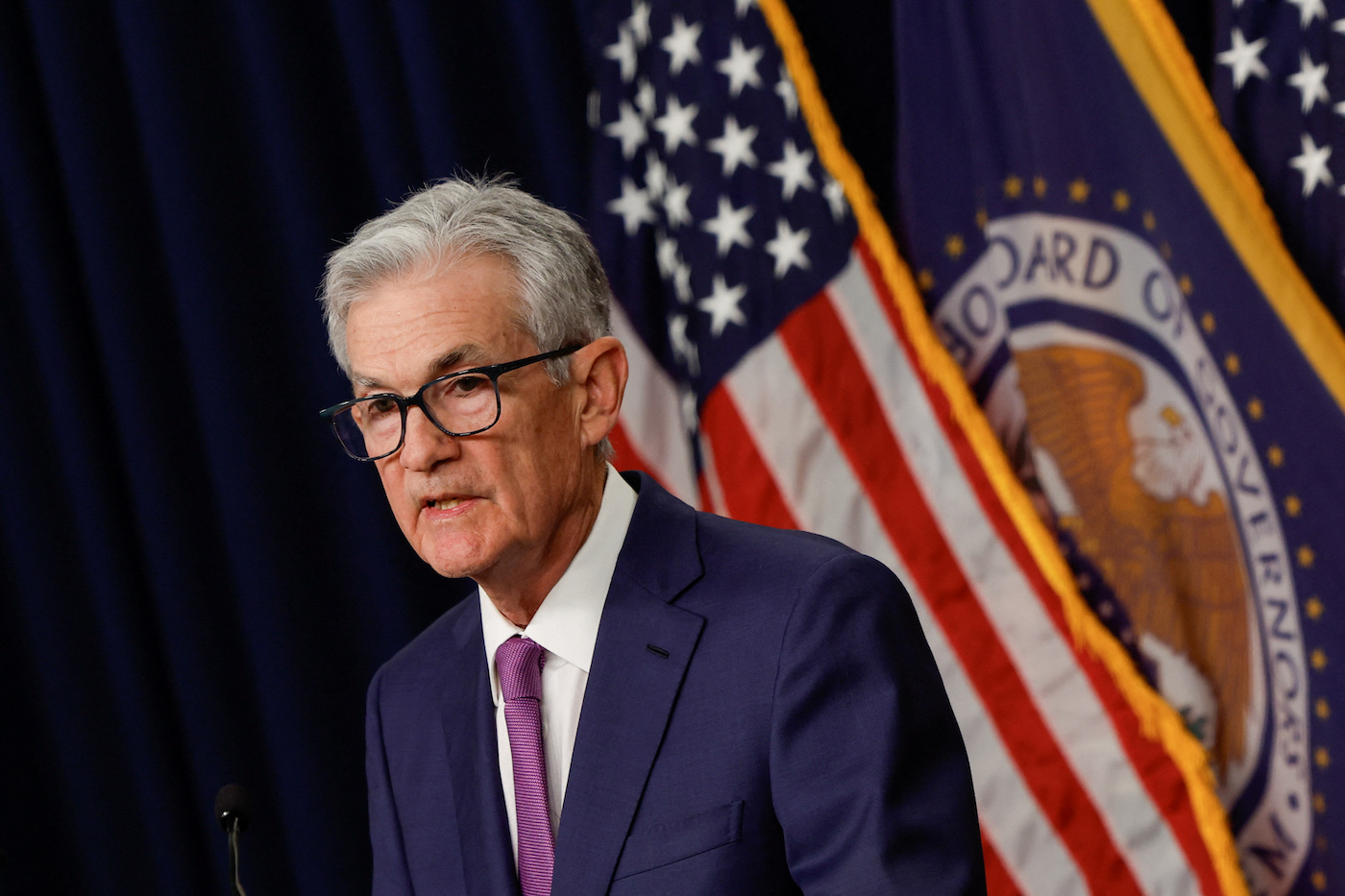 Federal Reserve Chair Jerome Powell holds a press conference following the release of the Fed’s interest rate policy decision at the Federal Reserve in Washington. (Reuters)