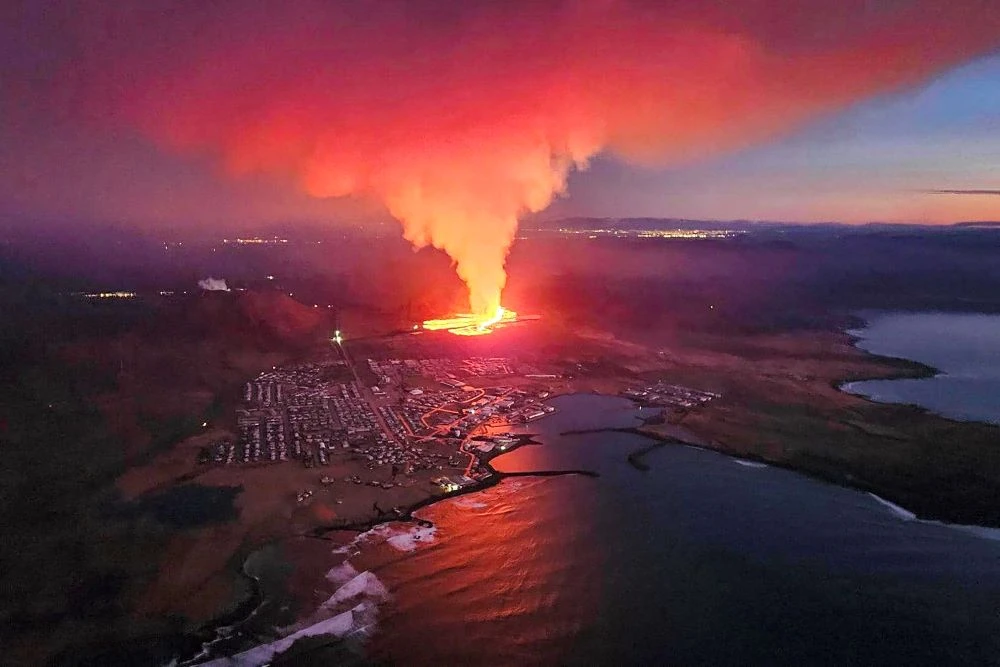 The aftermath of a volcanic eruption on the outskirts of the evacuated town of Grindavik, western Iceland, Jan. 14, 2024. (AFP)