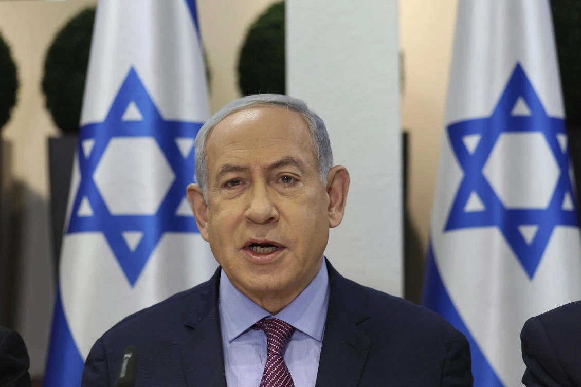 Israeli Prime Minister Benjamin Netanyahu attends the weekly cabinet meeting at the the Kirya military base in Tel Aviv, Israel Sunday, Dec. 31, 2023. (AP)