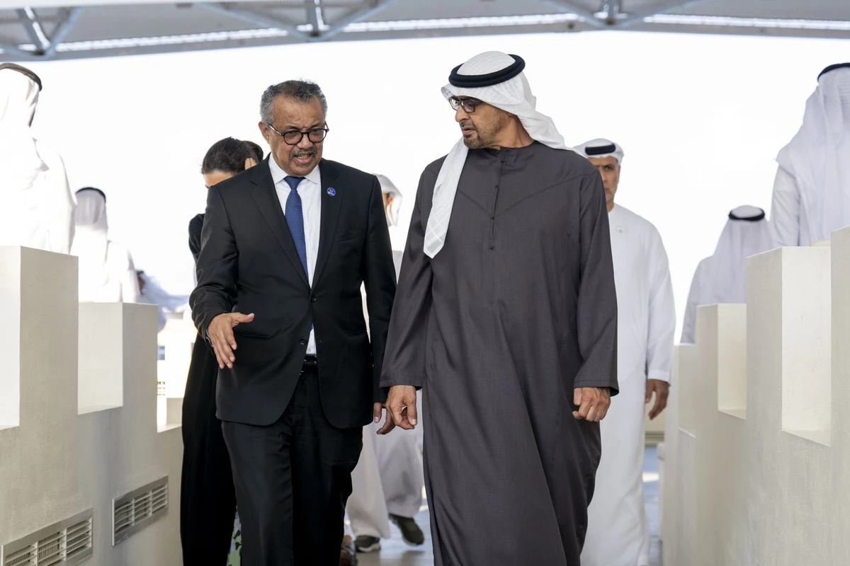 UAE President Sheikh Mohamed bin Zayed Al-Nahyan and WHO Director-General Tedros Adhanom Ghebreyesus in Abu Dhabi. (WAM)