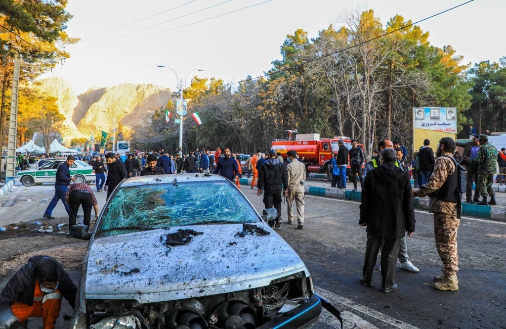 the site where two explosions in quick succession struck a crowd marking the anniversary of the 2020 killing of Guards general Qasem Soleimani, near the Saheb al-Zaman Mosque in the southern Iranian city of Kerman. (ISNA/AFP)