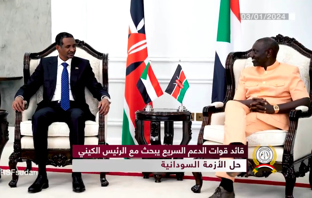 This screen grab from video posted on X by Sudan's paramilitary RSF shows rebel leader Mohammed Dagalo holding talks with Kenya's Prime Minister William Ruto in Nairobi on Wednesday. (X: @RSFSudan)