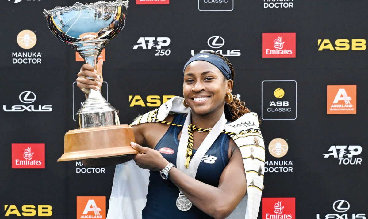 Coco Gauff celebrates her victory. Sunday’s match against Svitolina was by far the toughest she has faced in the first week of her 2024 season. (AP)