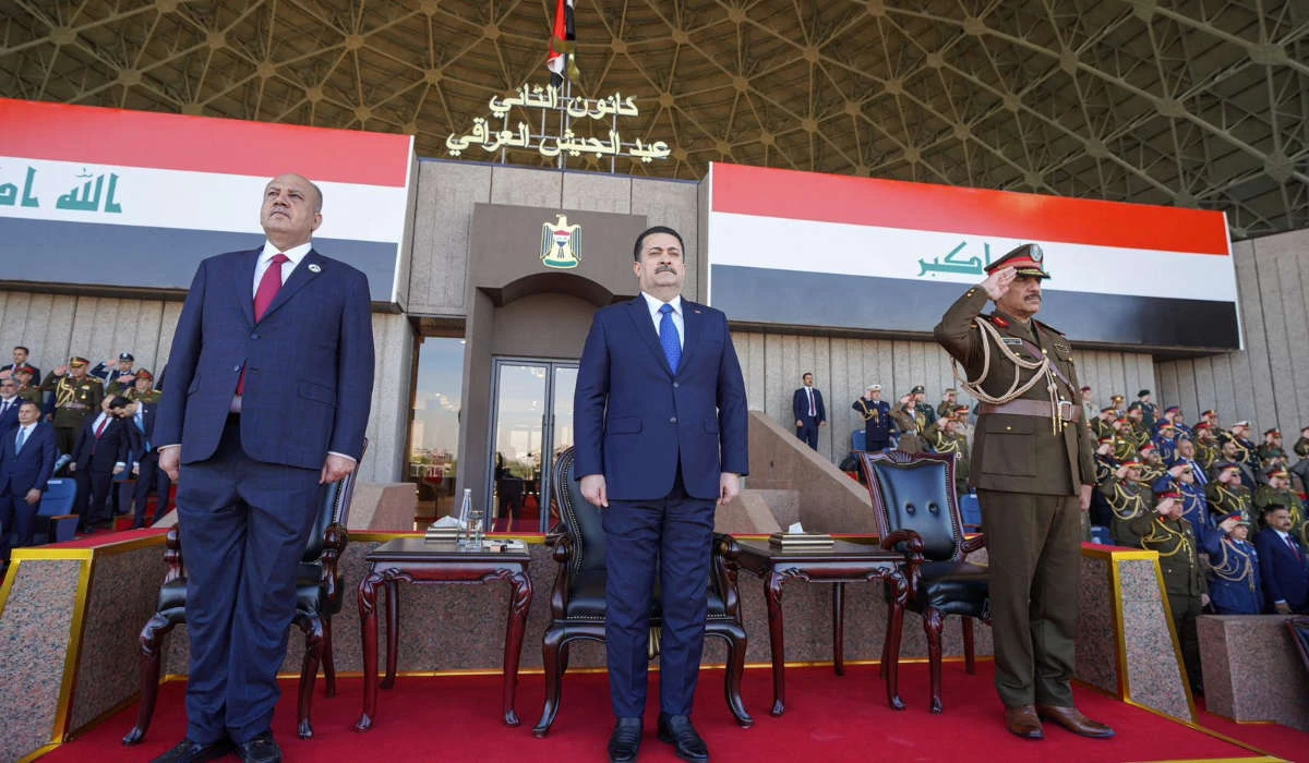 Prime Minister Mohammed Shia Al-Sudani attends a military parade to celebrate the 103rd anniversary of the founding of the Iraqi army at the Green Zone in Baghdad. (File/Reuters)