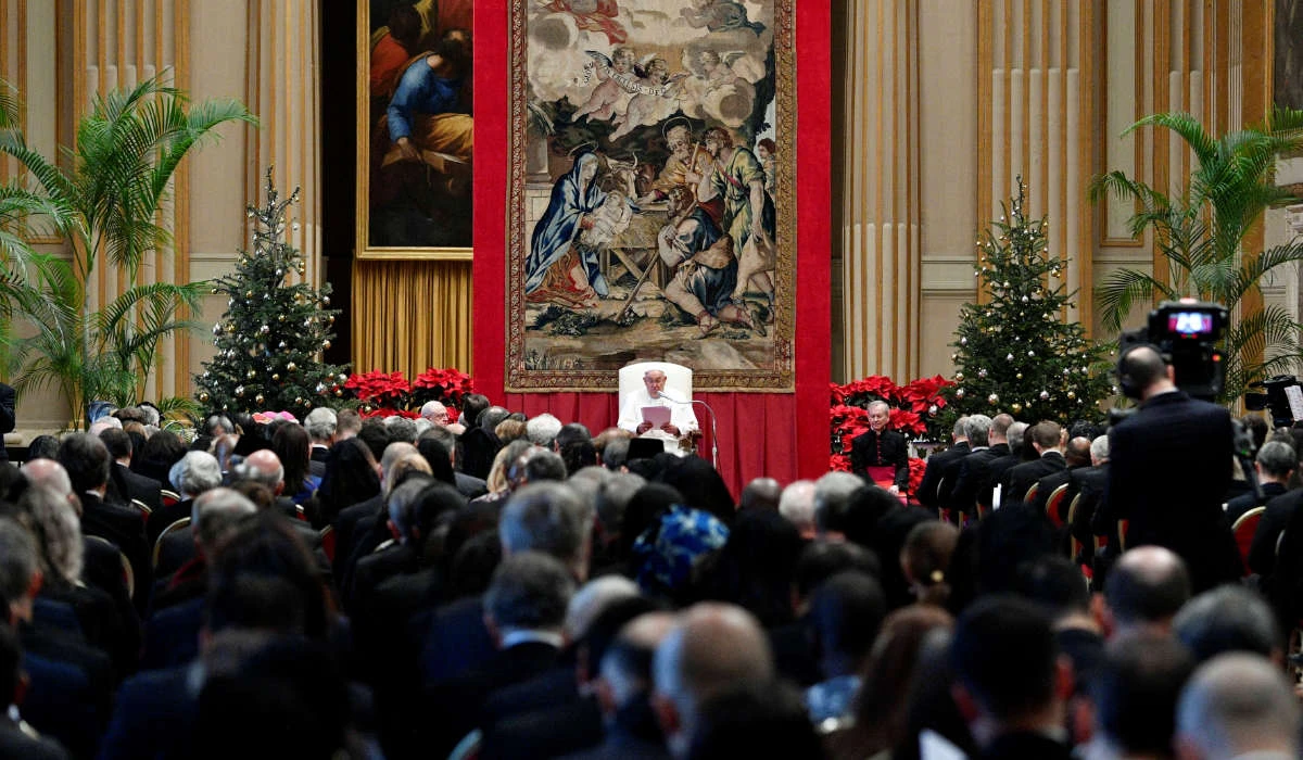 Pope Francis delivers his yearly address to the diplomatic corps accredited to the Vatican, sometimes called his "State of the World" address, at the Vatican January 8, 2024. (REUTERS)
