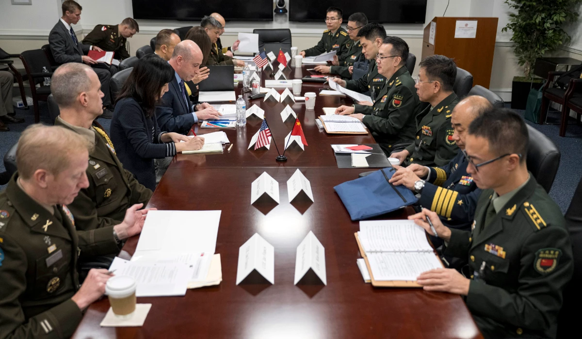 In this photo proved by the Defense Department, Deputy Assistant Secretary of Defense for China, Taiwan and Mongolia Michael Chase hosts delegates from China for the annual U.S.-PRC Defense Policy Coordination Talks at the Pentagon, on Tuesday, Jan. 9, 2024. (AP)