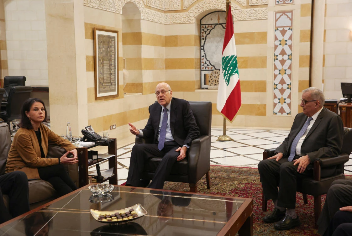 German Foreign Minister Annalena Baerbock meets with Lebanon’s caretaker Prime Minister Najib Mikati and caretaker Foreign Minister Abdallah Bou Habib, in Beirut on Jan. 10, 2024. (Reuters)