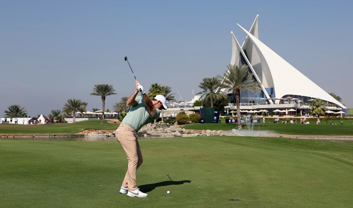 Rory McIlroy of Northern Ireland at the 18th hole on Day One of the Dubai Invitational at Dubai Creek Golf and Yacht Club. (Getty Images Europe)