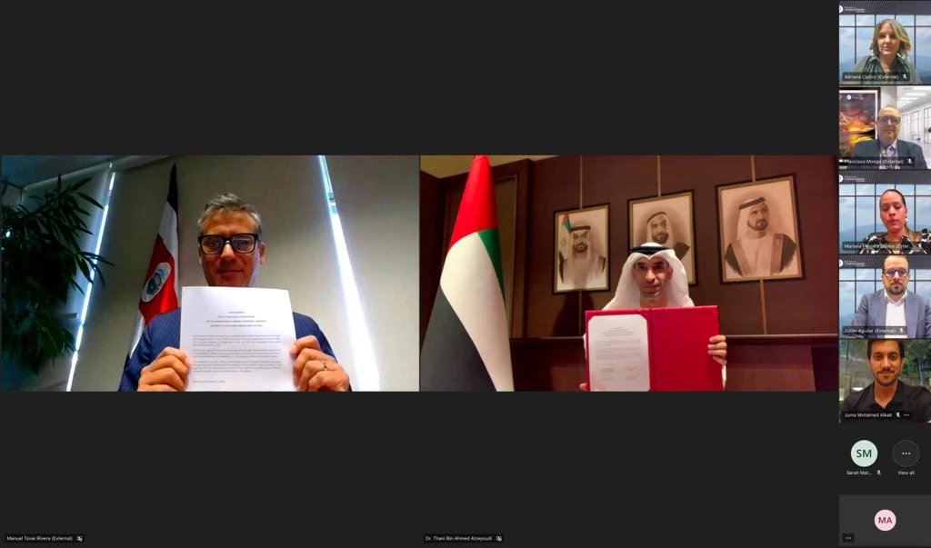 The UAE Minister of State for Foreign Trade Dr. Thani bin Ahmed Al-Zeyoudi and his Costa Rican counterpart Manuel Tovar have signed a joint statement confirming the conclusion of negotiations toward a comprehensive economic partnership agreement. (Supplied)