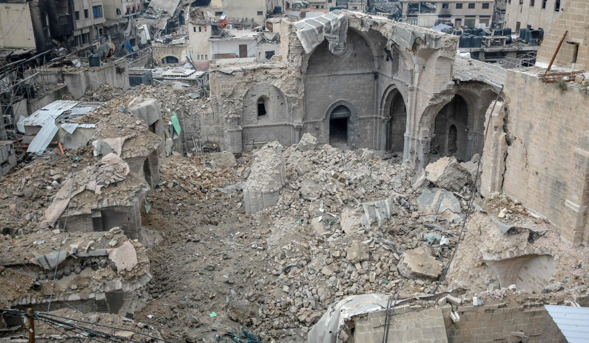 This picture taken on January 5, 2024, shows Gaza City's Omari Mosque, the oldest mosque in Gaza, damaged in Israeli bombardment during the ongoing battles between Israel and the Palestinian Hamas movement. (AFP)