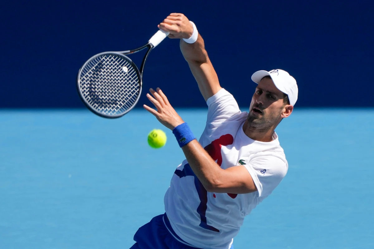 Serbia's Novak Djokovic plays a forehand return during a practice session on Rod Laver Arena ahead of the Australian Open tennis championships at Melbourne Park, Melbourne, Australia, on Jan. 12, 2024. (AP)