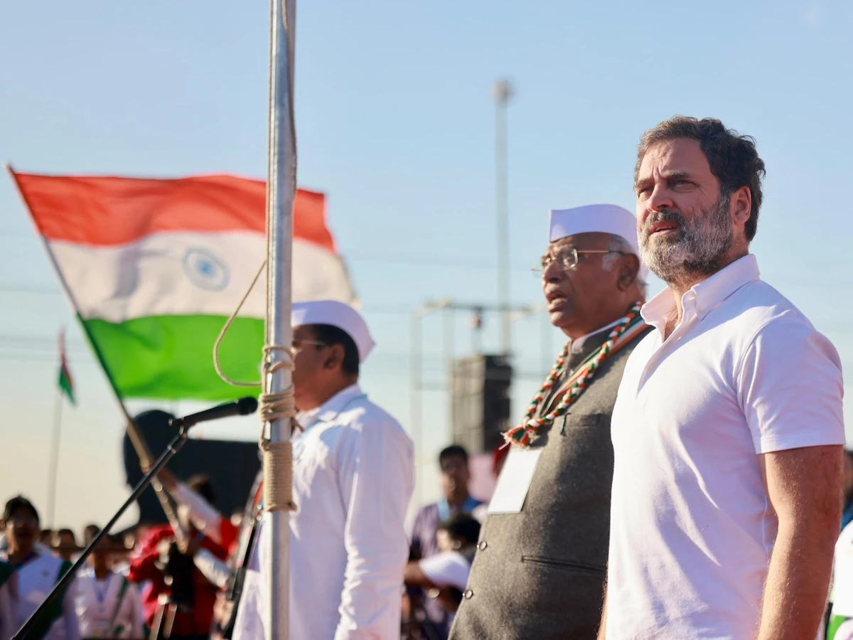Rahul Gandhi, right, stands before a crowd in Manipur ahead of his cross-country march on Jan. 14, 2023. (Indian National Congress)