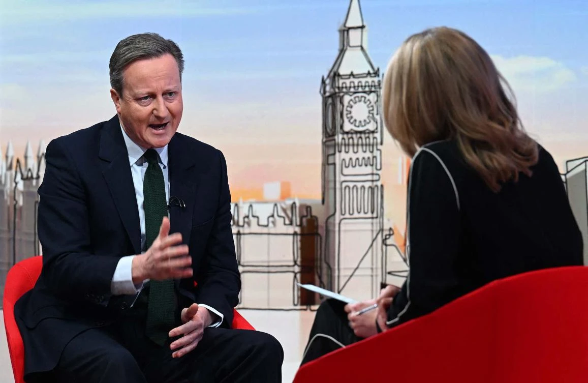 A handout picture released by the BBC, taken and received on January 14, 2024, shows Britain's Foreign Secretary David Cameron appearing on the BBC's "Sunday with Laura Kuenssberg" political television show in London. (File/AFP)