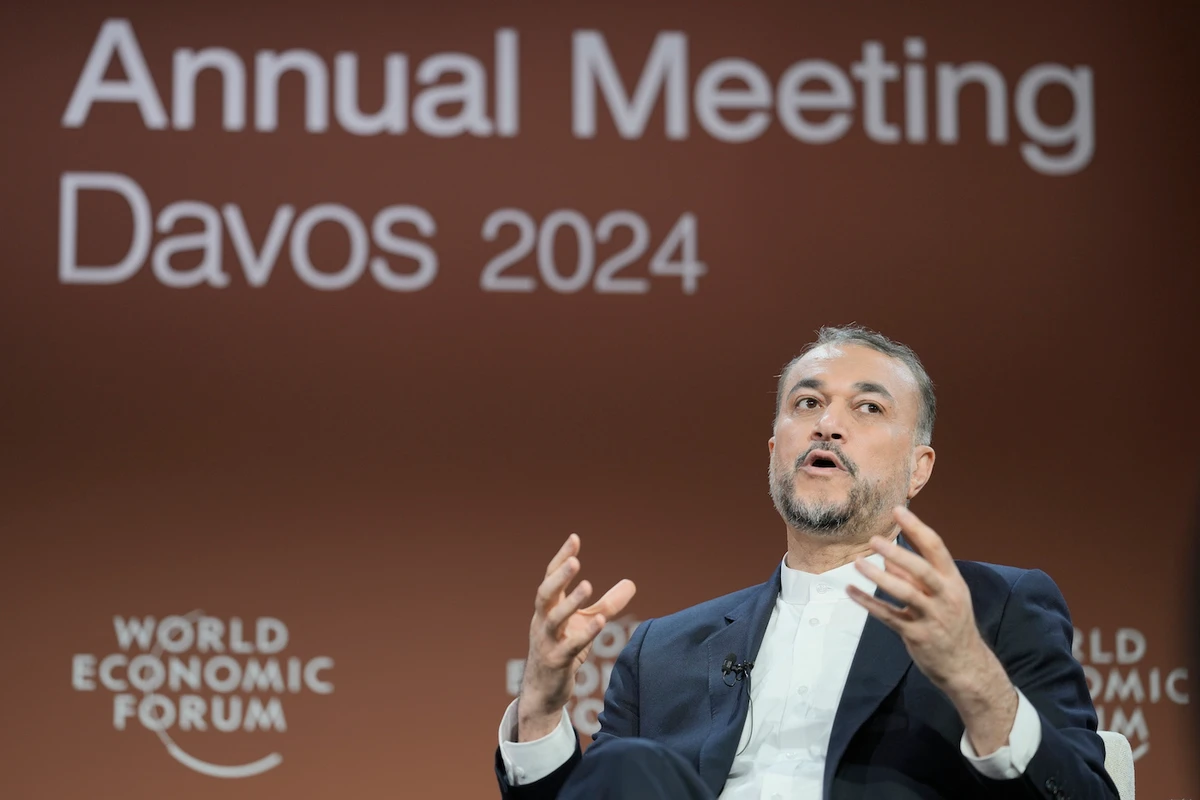 Iran's Foreign Minister Hossein Amir-Abdollahian during a discussion at the Annual Meeting of WEF in Davos, Switzerland, Wednesday, Jan. 17, 2024. (AP)