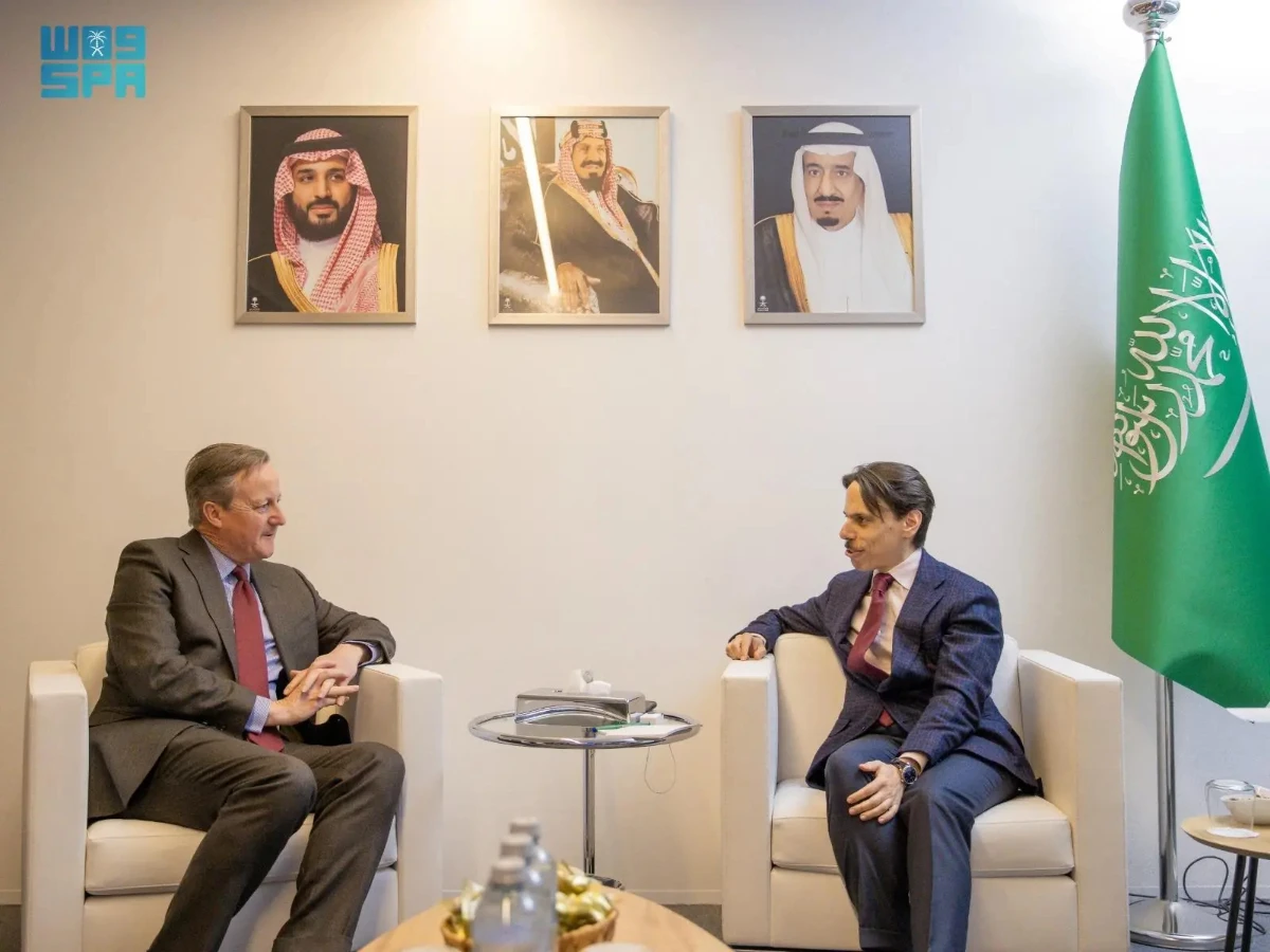 Saudi Foreign Minister Prince Faisal bin Farhan (R) meeting with UK Foreign Secretary David Cameron in Davos on Jan. 17, 2024. (SPA)