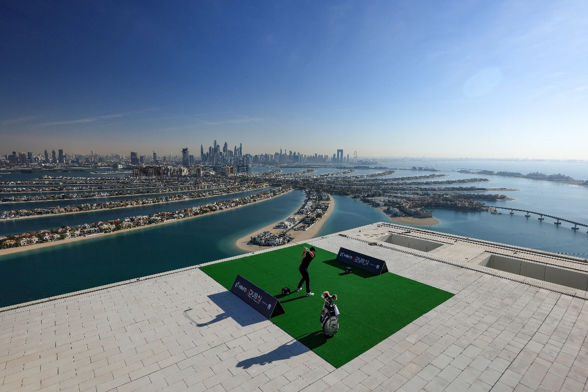 Rory McIlroy teeing off from the top of Atlantis The Royal on Palm Jumeirah in Dubai. (Supplied)