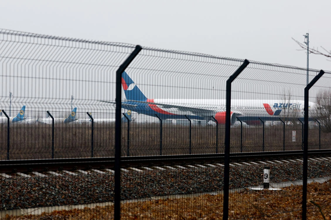Parked planes are seen at Boryspil International Airport after Russia launched a massive military operation against Ukraine, in Boryspil, on Feb. 24, 2022. (Reuters)