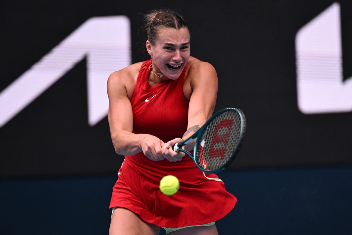 Belarus' Aryna Sabalenka hits a return against Ukraine's Lesia Tsurenko during their women's singles match on day six of the Australian Open tennis tournament in Melbourne on Jan. 19, 2024. (AFP)