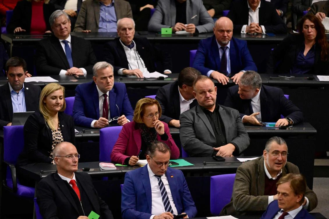 Parliamentary group members of Germany’s far-right Alternative for Germany (AfD) party attend a debate at the Bundestag over a meeting of AfD officials with an Austrian extremist leader in November 2023, where mass deportations of immigrants were discussed, on Jan. 18, 2024 in Berlin. (AFP)