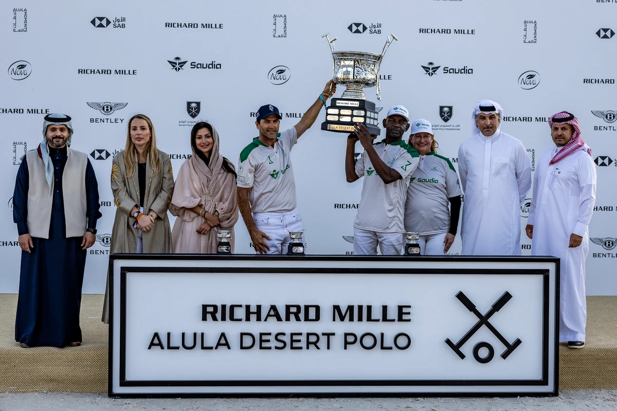 Team Saudia celebrates victory as the champion of Richard Mille AlUla Desert Polo 2024. supplied