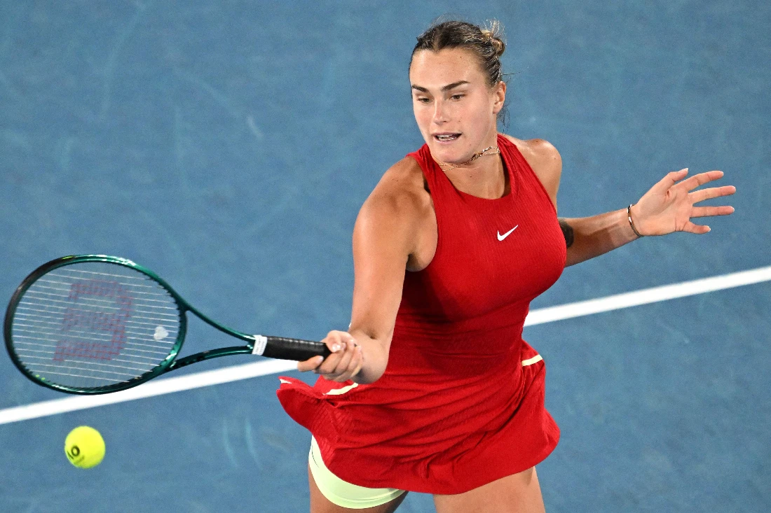 Belarus' Aryna Sabalenka hits a return against Amanda Anisimova of the US during their women's singles match on day eight of the Australian Open tennis tournament in Melbourne. (AFP)