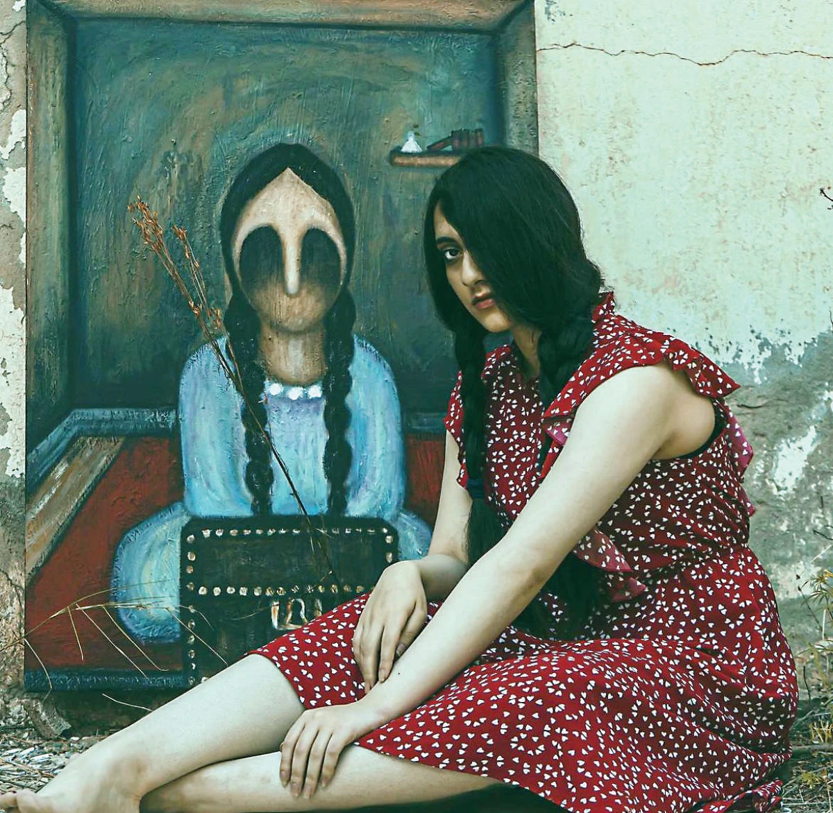 Life imitates art in this portrait depicting areej obaid’s painting with model Shahad Habibah, captured by photographer Fatimah Saleh. (Supplied)