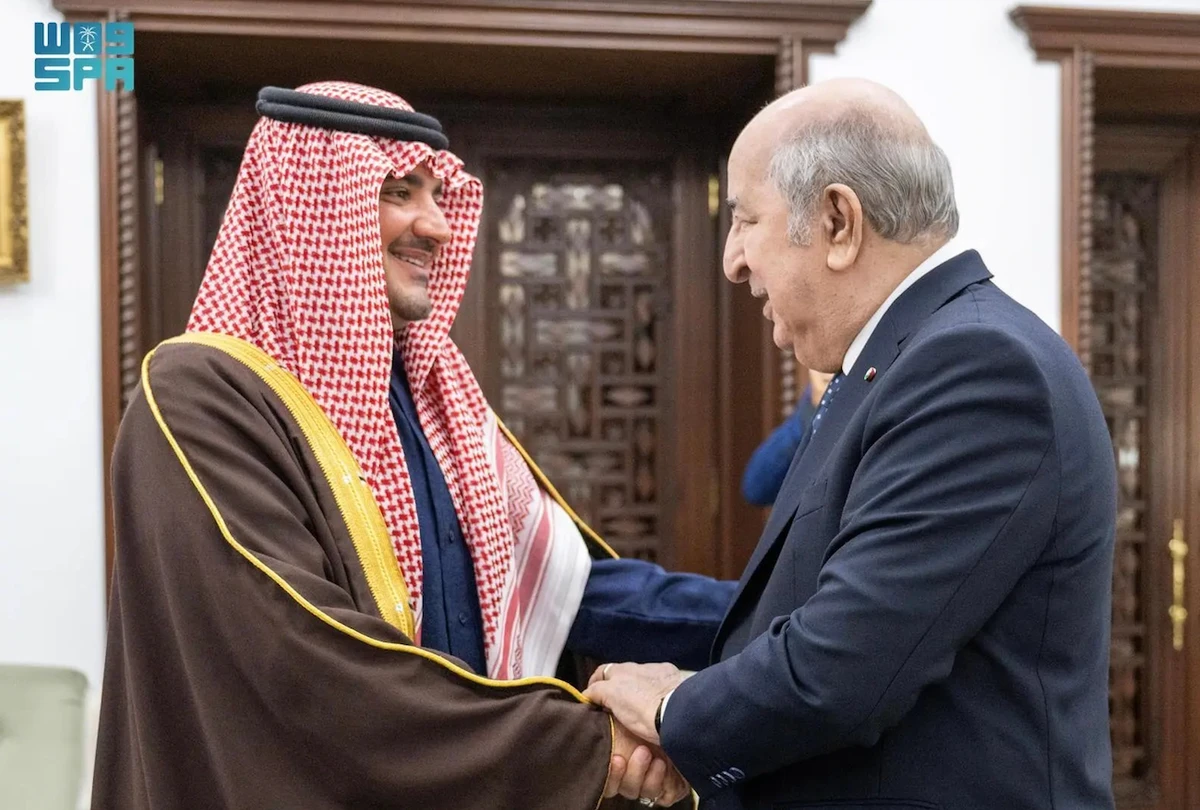 Saudi Arabia’s Interior Minister Prince Abdulaziz bin Saud bin Naif is received by Algeria’s President Abdelmadjid Tebboune in Algiers on Monday. (SPA)